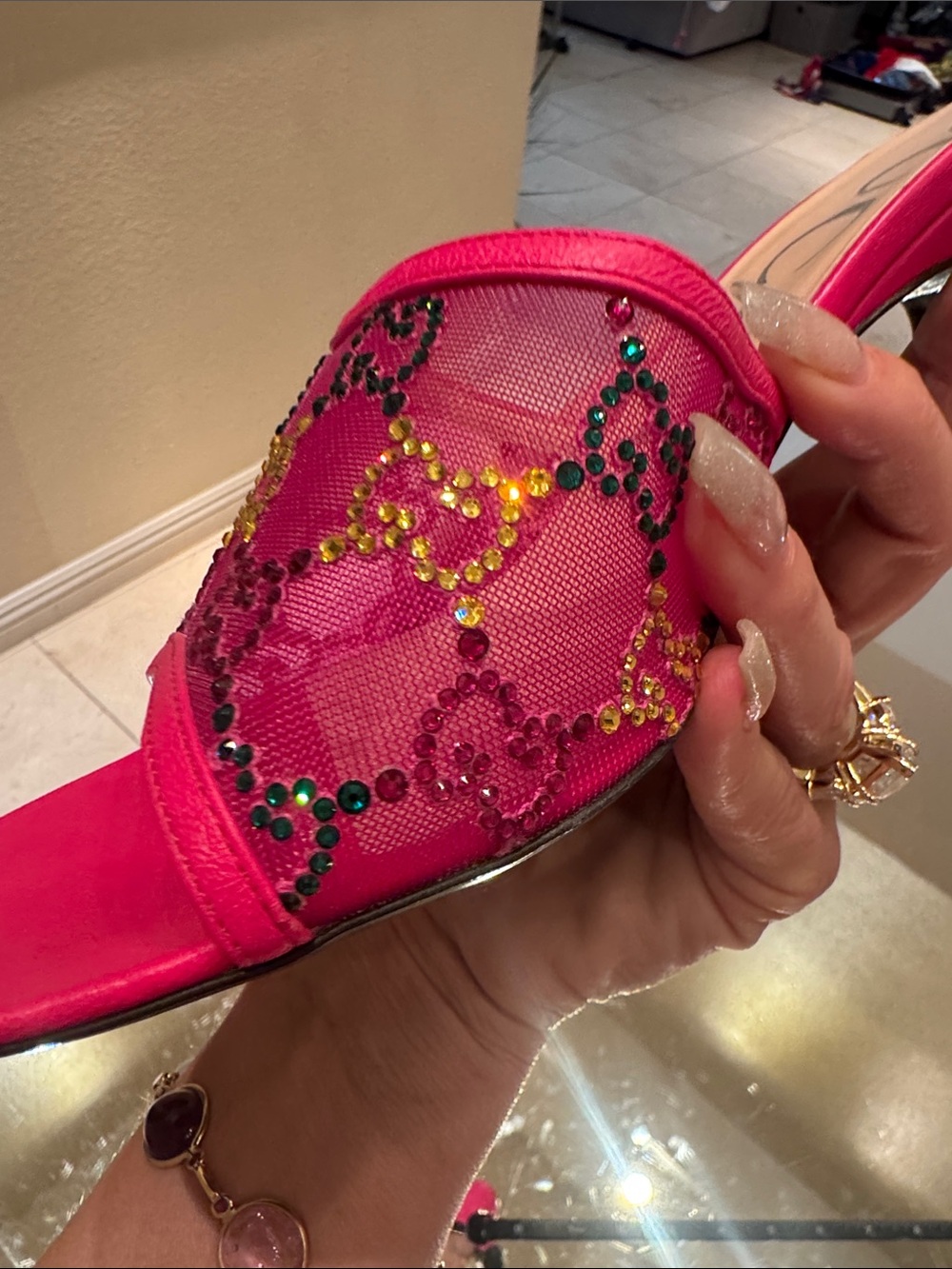 Gucci GG Monogram Demi Rhinestone Crystal Mesh Mules Heels - Picture 12 of 12